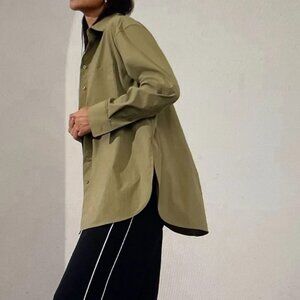 ATHLETA MIDDAY RELAXED FIT OVERSIZED BUTTON DOWN POPLIN SHIRT OLIVE BRANCH XS P